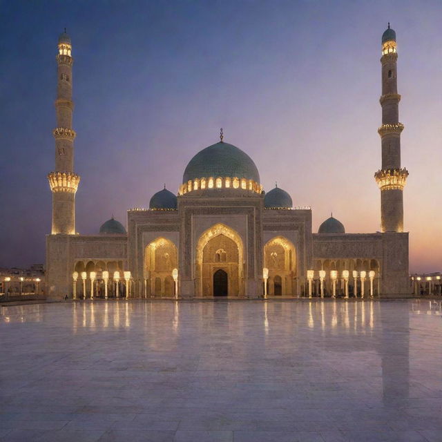 A grand mosque in the city of ShahreMandan, illuminated under a twilight sky, the intricate architecture highlighted in soft, welcoming lights.