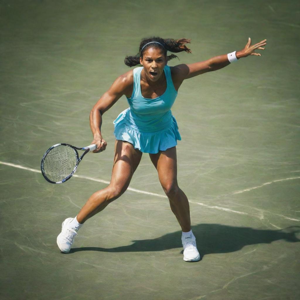 Tennis players exhibiting unique superpowers on a professional tennis court, with vivid and dynamic effects illustrating their abilities.