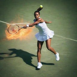 Tennis players exhibiting unique superpowers on a professional tennis court, with vivid and dynamic effects illustrating their abilities.