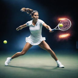 Tennis players exhibiting unique superpowers on a professional tennis court, with vivid and dynamic effects illustrating their abilities.