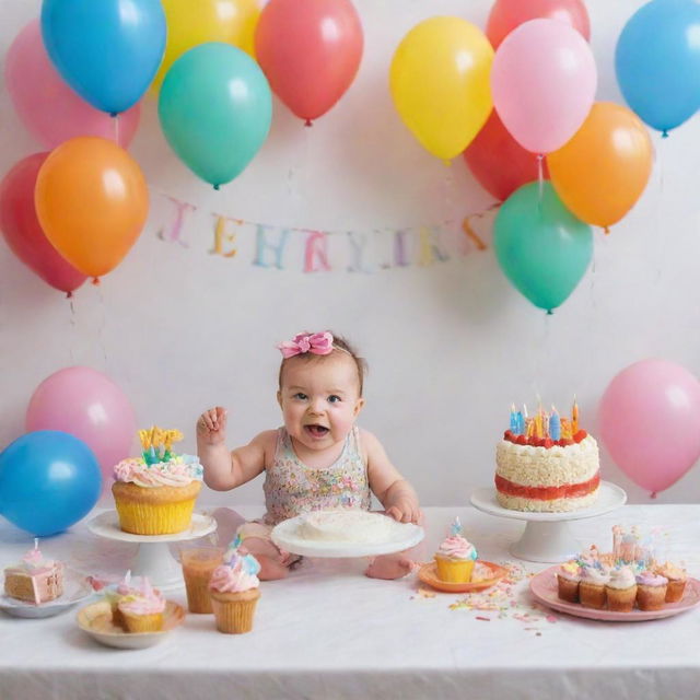 A joyous and colorful baby's birthday celebration with cake, balloons, presents, and guests enjoying the festivities around a decorated table.