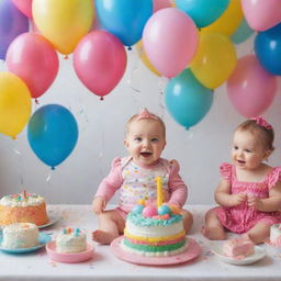 A joyous and colorful baby's birthday celebration with cake, balloons, presents, and guests enjoying the festivities around a decorated table.