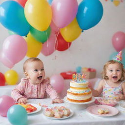 A joyous and colorful baby's birthday celebration with cake, balloons, presents, and guests enjoying the festivities around a decorated table.