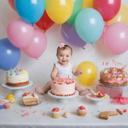 A joyous and colorful baby's birthday celebration with cake, balloons, presents, and guests enjoying the festivities around a decorated table.