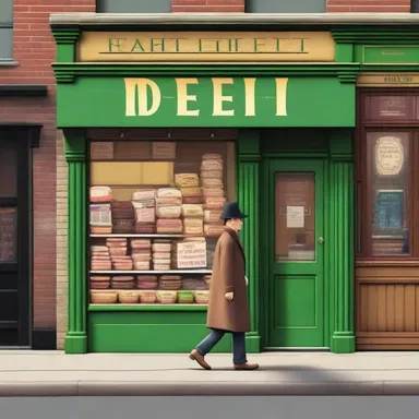 In the classic literature novel, the main character often walks past a charming little deli on his way to work.