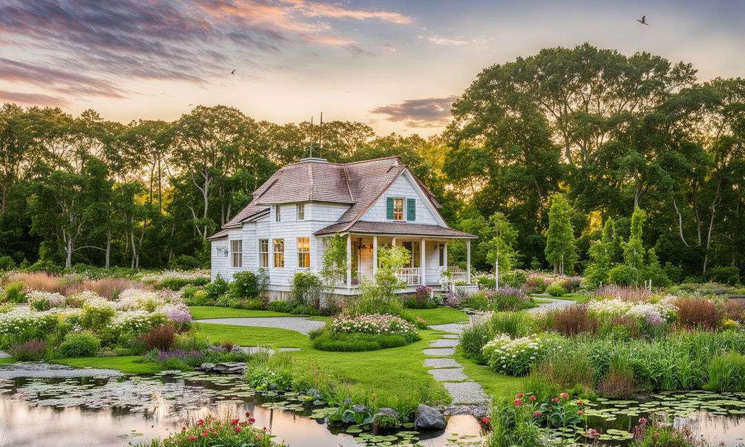 A quaint garden house in a vibrant marshland, surrounded by a colorful garden and set against the backdrop of a setting sun.