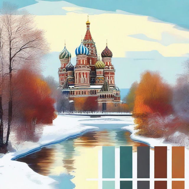 A high-quality digital art image showcasing a palette of colors typically associated with Russian culture and landscapes