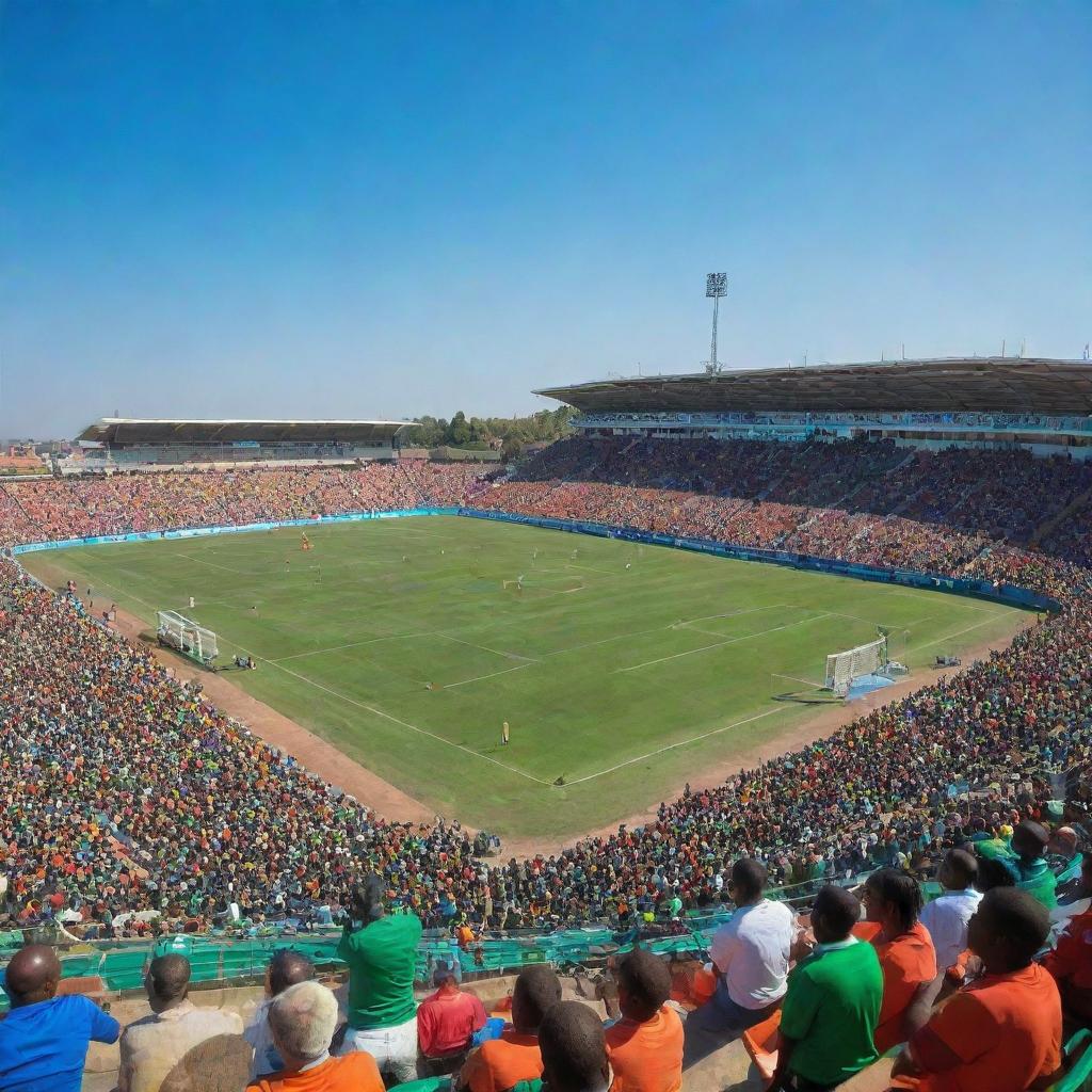 An expansive Zambian football stadium filled with enthusiastic fans, showcasing a vivid, green pitch surrounded by spectator-filled stands under a radiant blue sky.