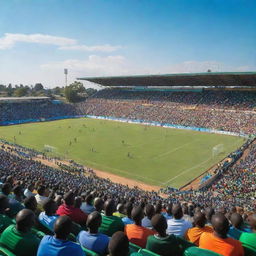 An expansive Zambian football stadium filled with enthusiastic fans, showcasing a vivid, green pitch surrounded by spectator-filled stands under a radiant blue sky.