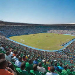 An expansive Zambian football stadium filled with enthusiastic fans, showcasing a vivid, green pitch surrounded by spectator-filled stands under a radiant blue sky.