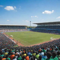 An expansive Zambian football stadium filled with enthusiastic fans, showcasing a vivid, green pitch surrounded by spectator-filled stands under a radiant blue sky.