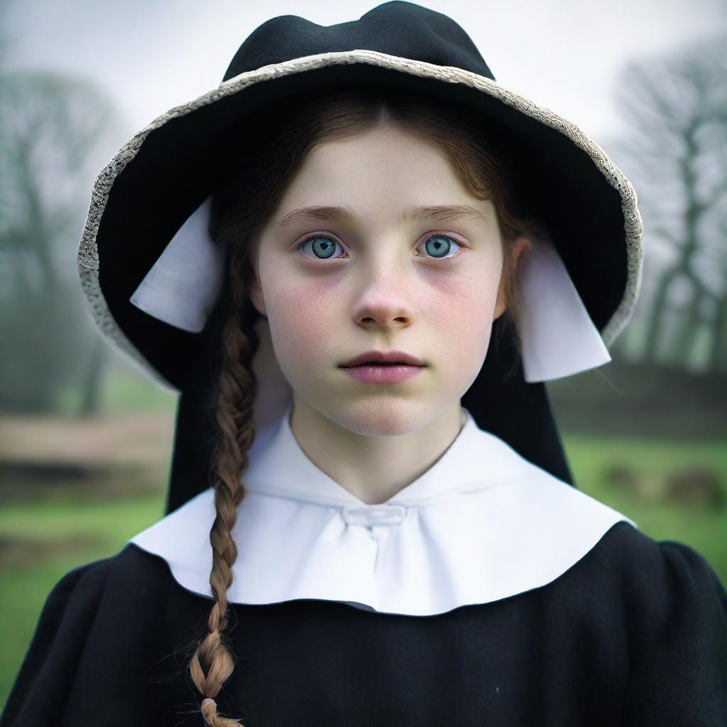 A high-quality, live action movie poster featuring a 16-year-old Yorkshire girl dressed in Puritan attire, complete with a white bonnet