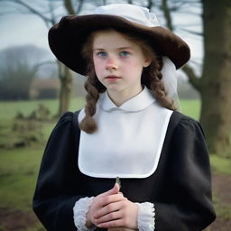 A high-quality, live action movie poster featuring a 16-year-old Yorkshire girl dressed in Puritan attire, complete with a white bonnet