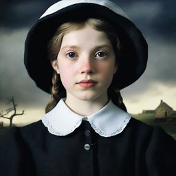 A high-quality, live action movie poster featuring a 16-year-old Yorkshire girl dressed in Puritan attire, complete with a white bonnet