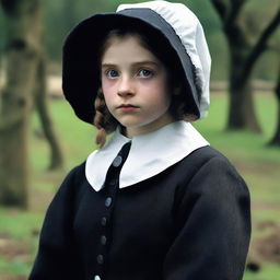 A high-quality, live action movie poster featuring a 16-year-old Yorkshire girl dressed in Puritan attire, complete with a white bonnet