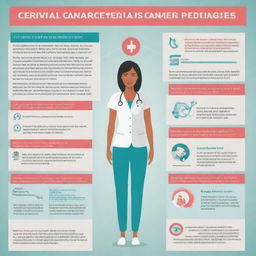 An educational infographic showcasing the process and importance of cervical cancer screening. Include visuals of a medical professional, patient, medical tools and informational texts.