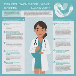 An educational infographic showcasing the process and importance of cervical cancer screening. Include visuals of a medical professional, patient, medical tools and informational texts.