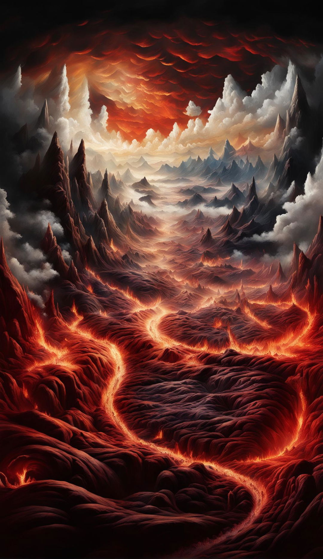 An infinite hellscape with fiery pits, jagged mountains, barren plains under a crimson sky. Twisted infernal structures rise from the ground, adorned with grotesque statues. The sky reveals glimpses of a black void beyond.