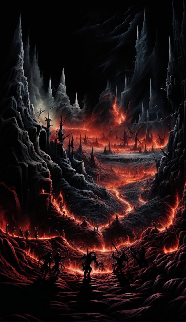 A darker, more nightmarish infinite hellscape. The fiery pits glow ominously, the jagged mountains loom larger, and the barren plains are filled with shadowy figures. The infernal structures are more grotesque, and the sky is a deeper shade of crimson, revealing a terrifying void beyond.