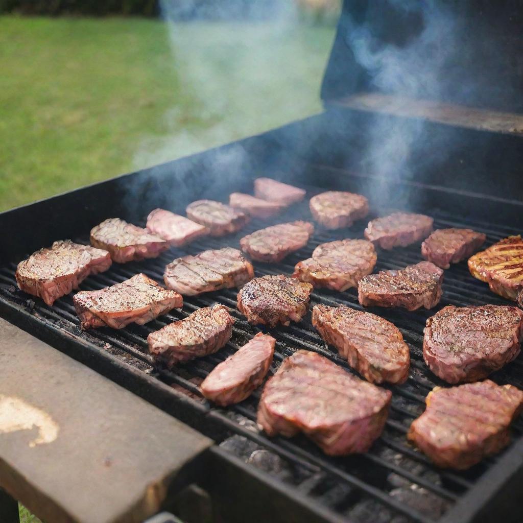 A vibrant scene of a meat grilling activity, showcasing juicy cuts of meat sizzling on an outdoor BBQ grill with wafts of smoke and a backyard setting.