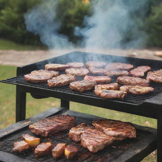 A vibrant scene of a meat grilling activity, showcasing juicy cuts of meat sizzling on an outdoor BBQ grill with wafts of smoke and a backyard setting.