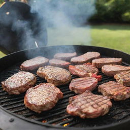 A vibrant scene of a meat grilling activity, showcasing juicy cuts of meat sizzling on an outdoor BBQ grill with wafts of smoke and a backyard setting.