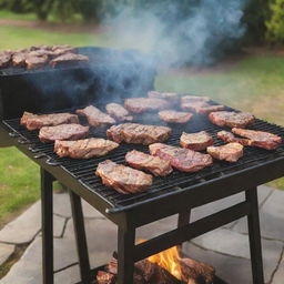 A vibrant scene of a meat grilling activity, showcasing juicy cuts of meat sizzling on an outdoor BBQ grill with wafts of smoke and a backyard setting.