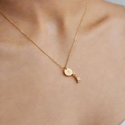 A detailed gold necklace with the Google logo charm hanging from it