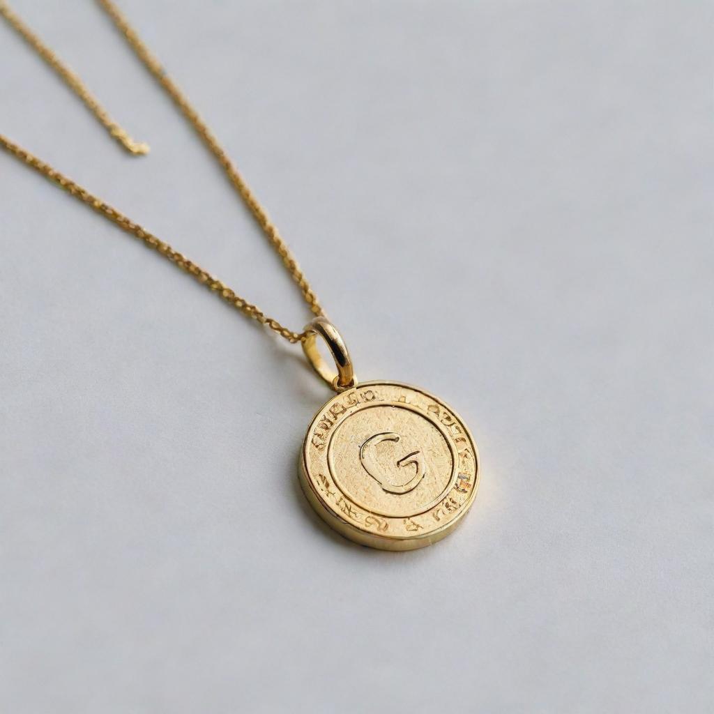 A detailed gold necklace with the Google logo charm hanging from it