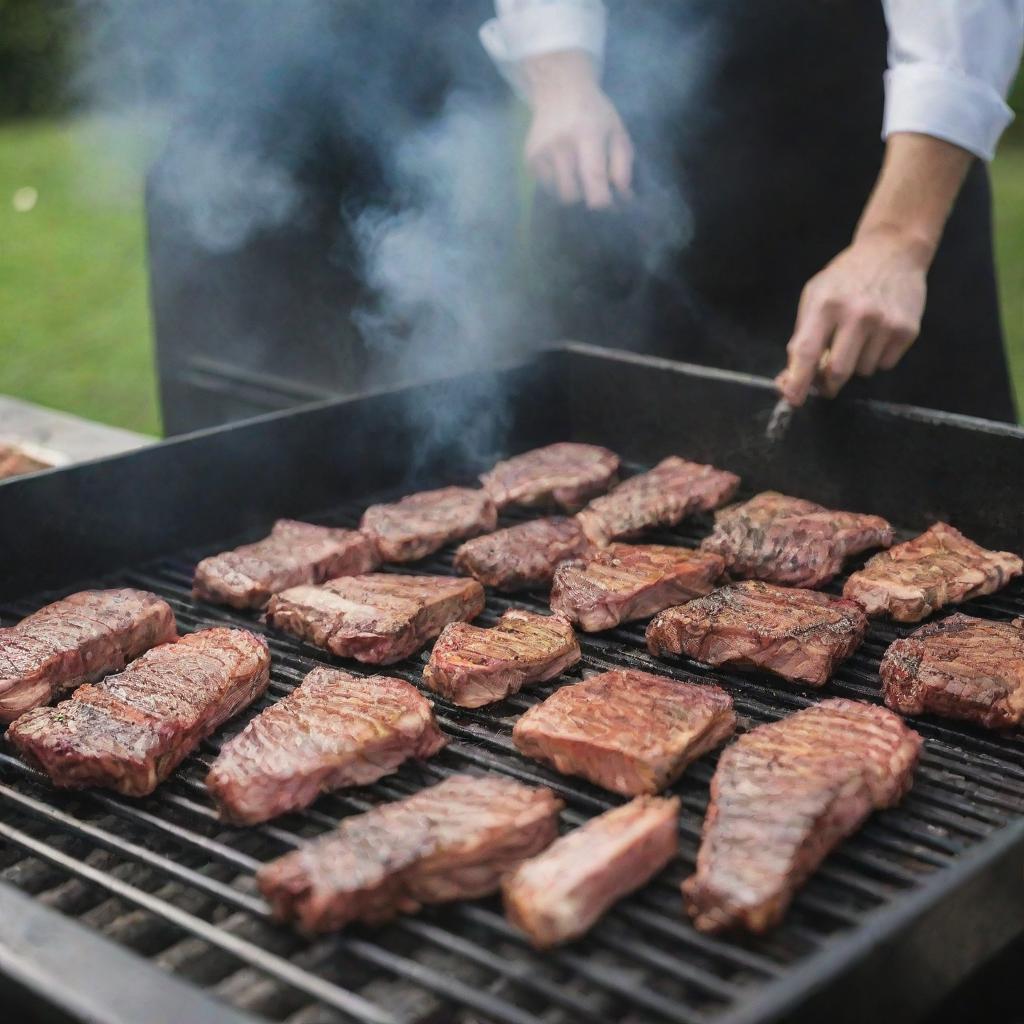 A detailed image of a professional meat grilling activity, featuring a high-end BBQ grill with smoking, juicy meats demonstrating pro-grilling techniques.