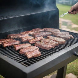 A detailed image of a professional meat grilling activity, featuring a high-end BBQ grill with smoking, juicy meats demonstrating pro-grilling techniques.