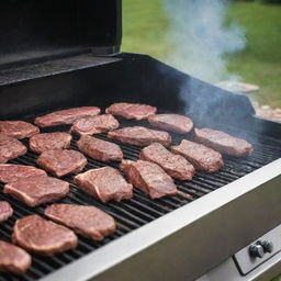 A detailed image of a professional meat grilling activity, featuring a high-end BBQ grill with smoking, juicy meats demonstrating pro-grilling techniques.