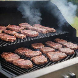 A detailed image of a professional meat grilling activity, featuring a high-end BBQ grill with smoking, juicy meats demonstrating pro-grilling techniques.