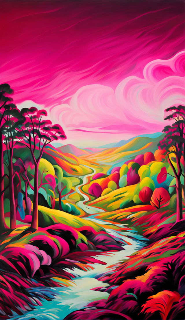 A vibrant Fauvist landscape painting featuring rolling hills in purples, blues, and reds under an orange sky, with cobalt blue trees, a turquoise river, and a cottage in pinks and yellows.