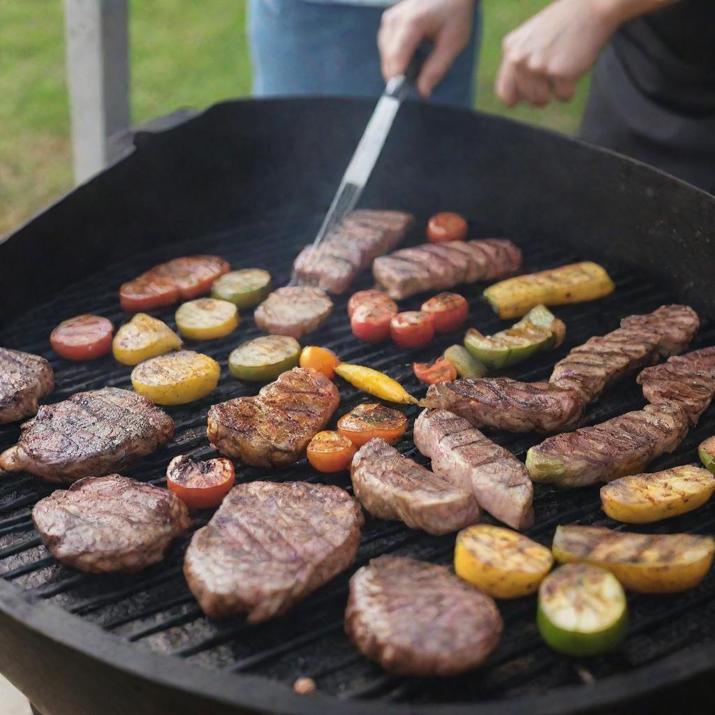 A dynamic scene of a 'Grilling Like a Pro' activity, with a variety of meats and vegetables sizzling on a professional BBQ grill, showing expert grilling techniques.