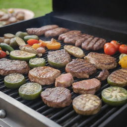 A dynamic scene of a 'Grilling Like a Pro' activity, with a variety of meats and vegetables sizzling on a professional BBQ grill, showing expert grilling techniques.