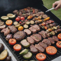 A dynamic scene of a 'Grilling Like a Pro' activity, with a variety of meats and vegetables sizzling on a professional BBQ grill, showing expert grilling techniques.