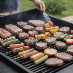 A dynamic scene of a 'Grilling Like a Pro' activity, with a variety of meats and vegetables sizzling on a professional BBQ grill, showing expert grilling techniques.