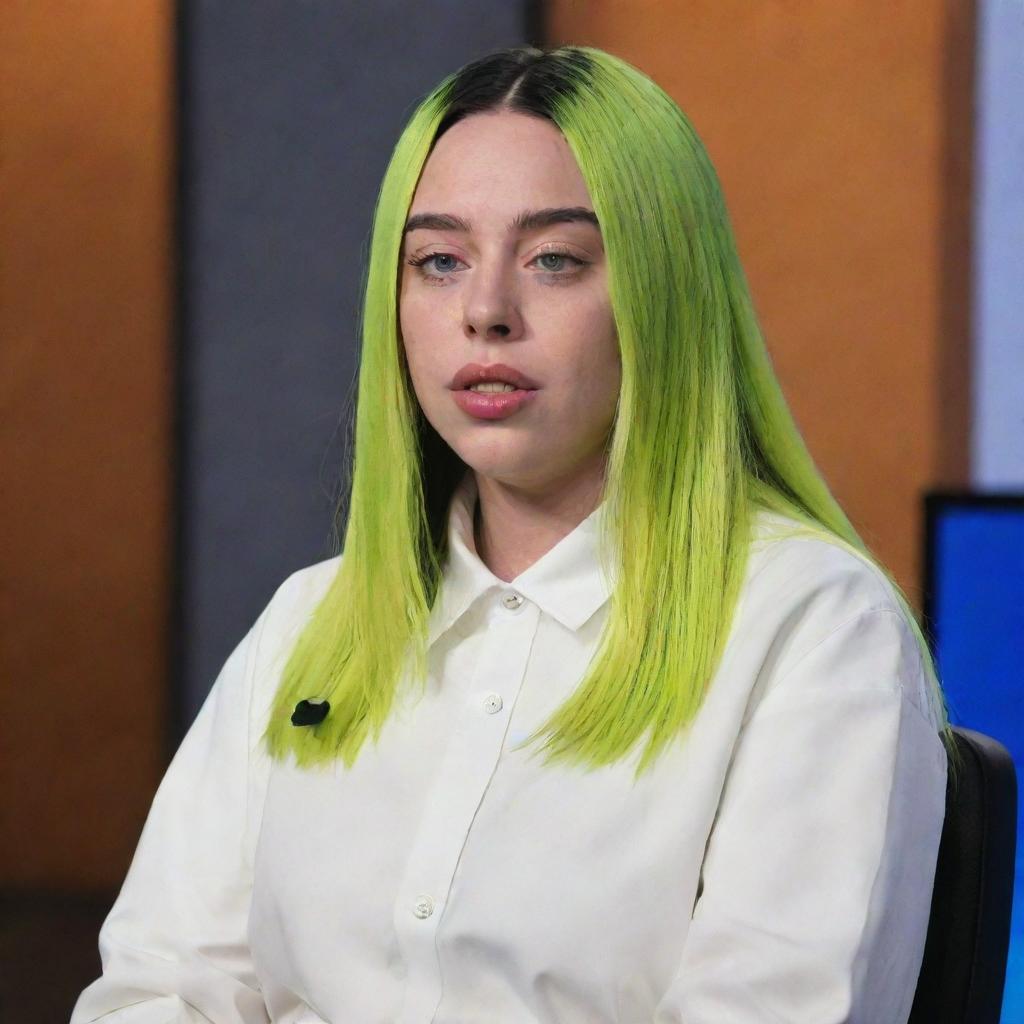 A news reporter on a television show captivated by Billie Eilish's presence, their expression reflecting admiration and astonishment.