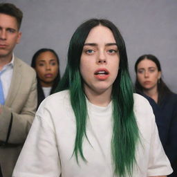 A news reporter on a television show captivated by Billie Eilish's presence, their expression reflecting admiration and astonishment.