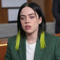 A news reporter on a television show captivated by Billie Eilish's presence, their expression reflecting admiration and astonishment.