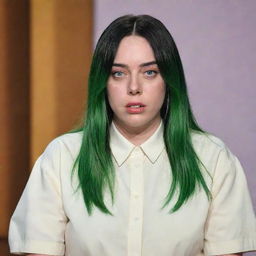 A news reporter on a television show captivated by Billie Eilish's presence, their expression reflecting admiration and astonishment.