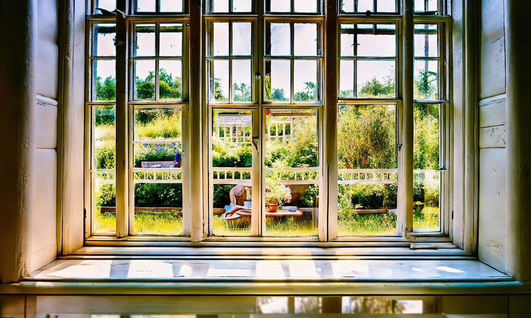 Closeup architectural photograph of a garden house window, revealing intricate details and interior bathed in sunlight.