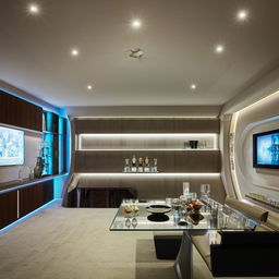 Futuristic modern living room with stylish sofa set, contemporary dining table, sleek wall unit for displaying crystals, a chic minibar area, and an entertainment wall featuring a TV and soundbar, illuminated with ambient lighting.