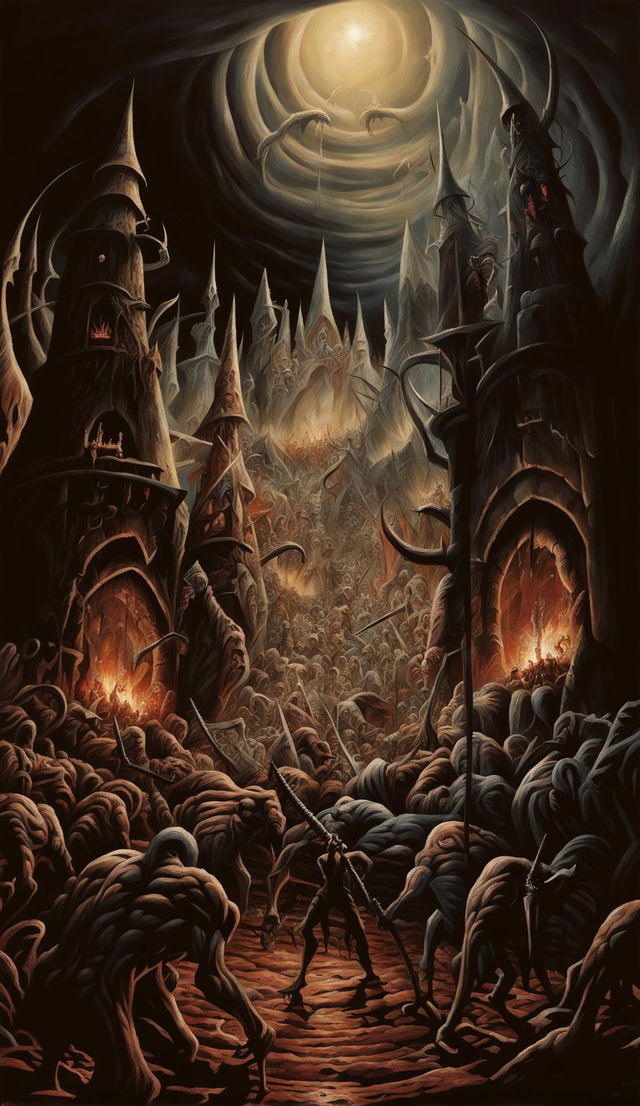 A nightmarish hellscape teeming with even more demented monsters inspired by Kentaro Miura. The terrain is filled with grotesque creatures engaged in acts of mutilation. The fiery pits, jagged mountains, and barren plains are a stage for their horrific spectacle. The infernal structures and crimson sky add to the terrifying scene.