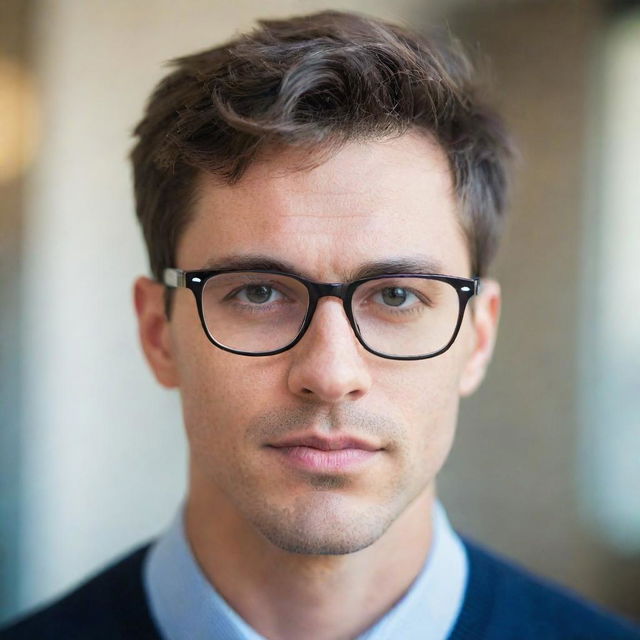 A portrait of a person with stylish, modern progressive glasses. Focused on detailed facial features and eyeglasses with a soft blur background.