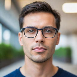 A portrait of a person with stylish, modern progressive glasses. Focused on detailed facial features and eyeglasses with a soft blur background.