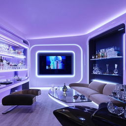 Futuristic modern living room with stylish sofa set, contemporary dining table, sleek wall unit for displaying crystals, a chic minibar area, and an entertainment wall featuring a TV and soundbar, illuminated with ambient lighting.