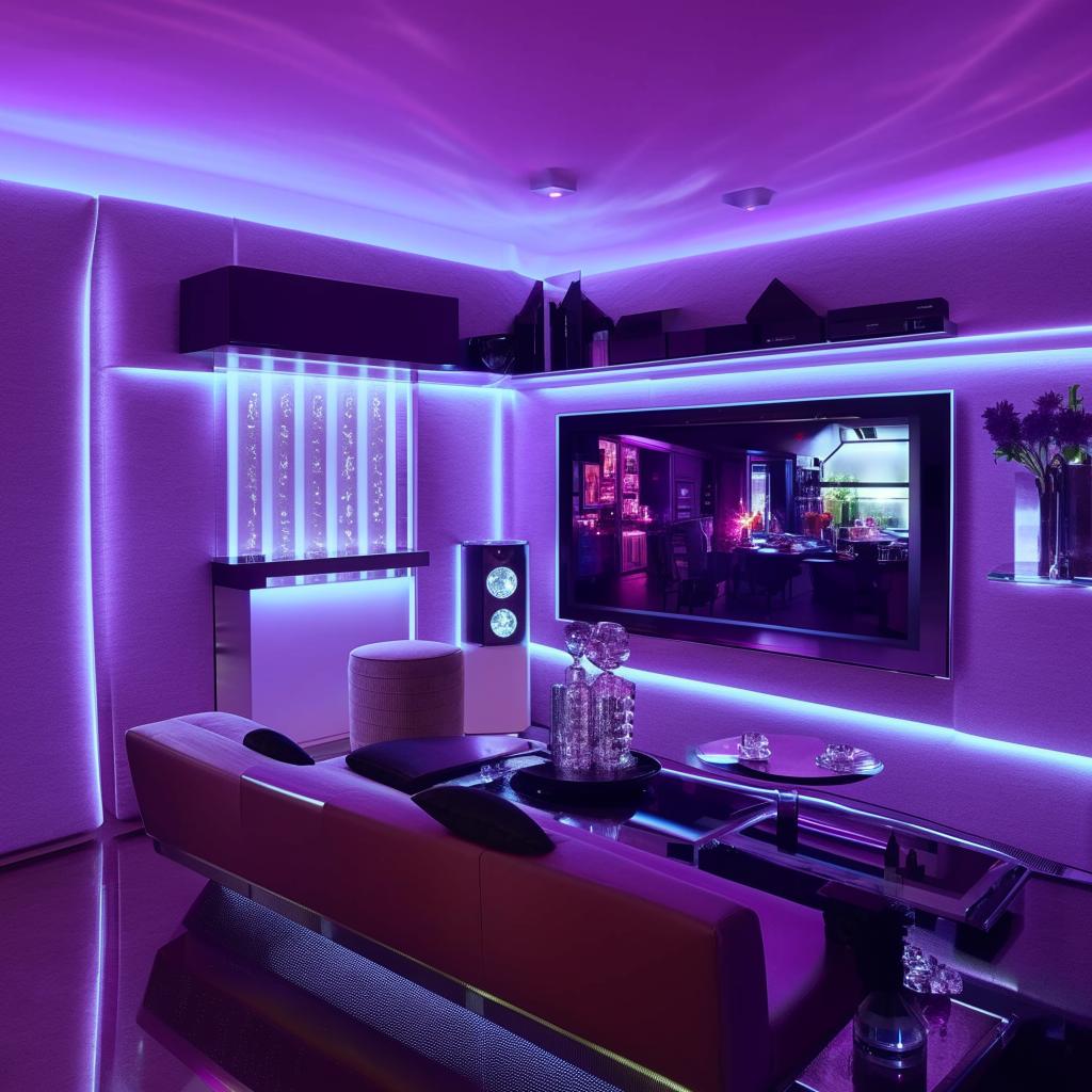 Futuristic modern living room with stylish sofa set, contemporary dining table, sleek wall unit for displaying crystals, a chic minibar area, and an entertainment wall featuring a TV and soundbar, illuminated with ambient lighting.