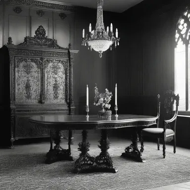 The Gothic Revival style often included dark, heavy furniture with ornate details, providing a perfect setting for table tapping ceremonies.